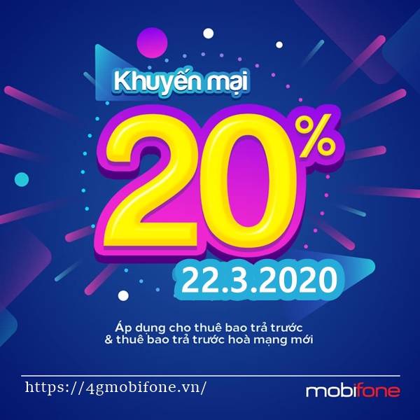 Mobifone khuyến mãi 20% giá trị thẻ nạp trực tuyến ngày vàng 22/3/2020
