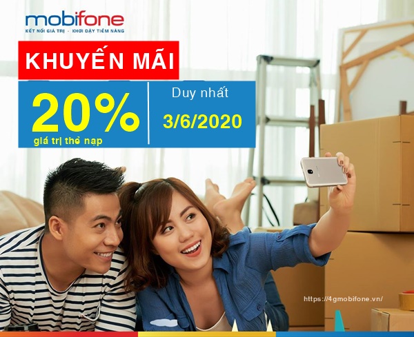 Mobifone khuyến mãi tặng 20% giá trị thẻ nạp duy nhất ngày vàng 3/6/2020