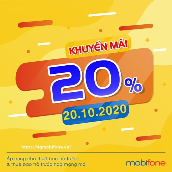 Mobifone khuyến mãi 20% giá trị thẻ nạp ngày 20/10/2020