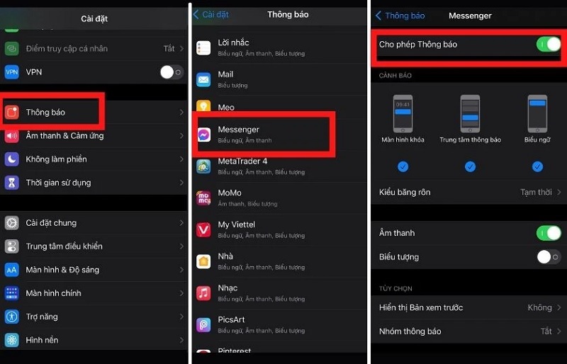 Gạt thanh trượt ở mục Cho phép Thông báo sang phải